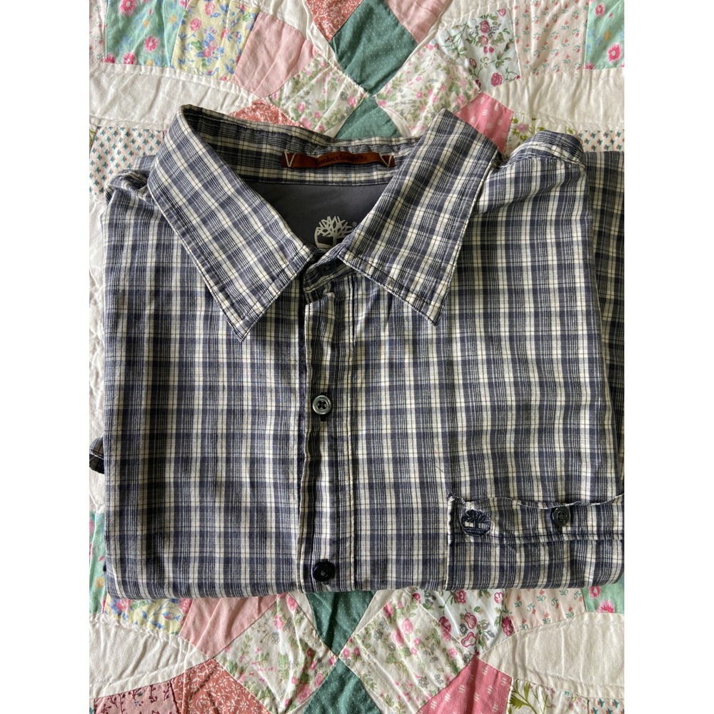 Timberland Mens XL Plaid Button Down Shirt Navy Blue White Long Sleeve Cotton